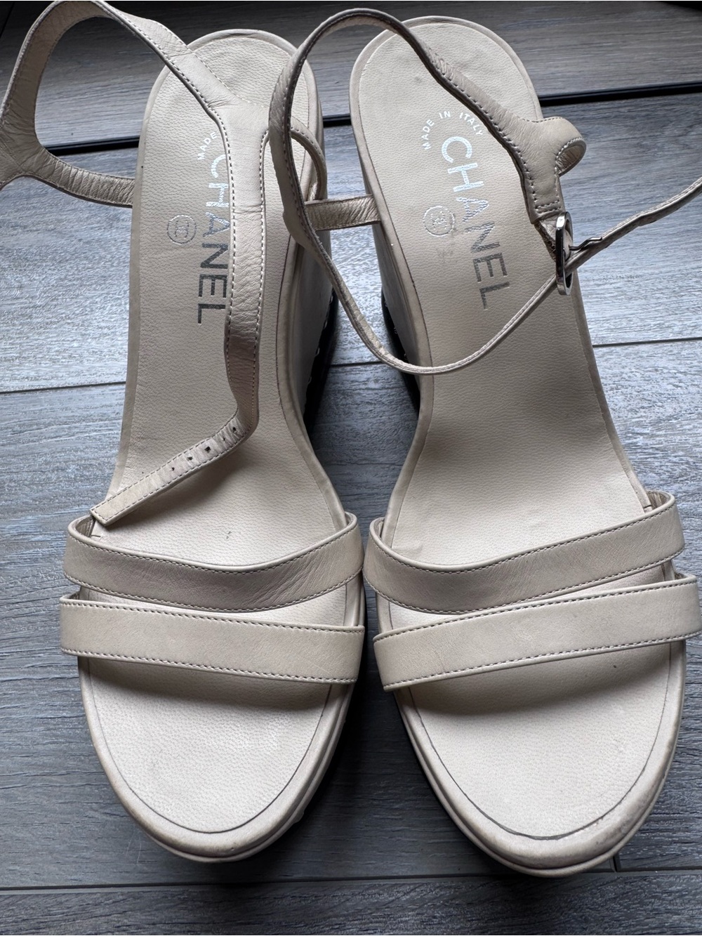 CHANEL Beige Leather Strappy Platform Sandals